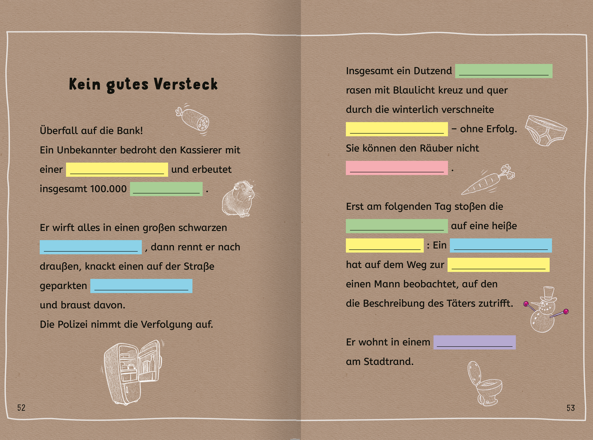 Gezeigt wird eine Innen- oder Zusatzansicht von „Lesen NERVT! – Bücher? Nein, danke!“. Die Doppelseite zeigt eine braune Hintergrundfarbe. Der Text ist in einer gut lesbaren, verspielten Schriftart gesetzt, teils mit Lücken in den Farben Pink, Blau und Gelb. Illustrationen von Gegenständen, wie etwa einer Toilette und einem Staubsauger sind eingefügt und lockern den Text auf.