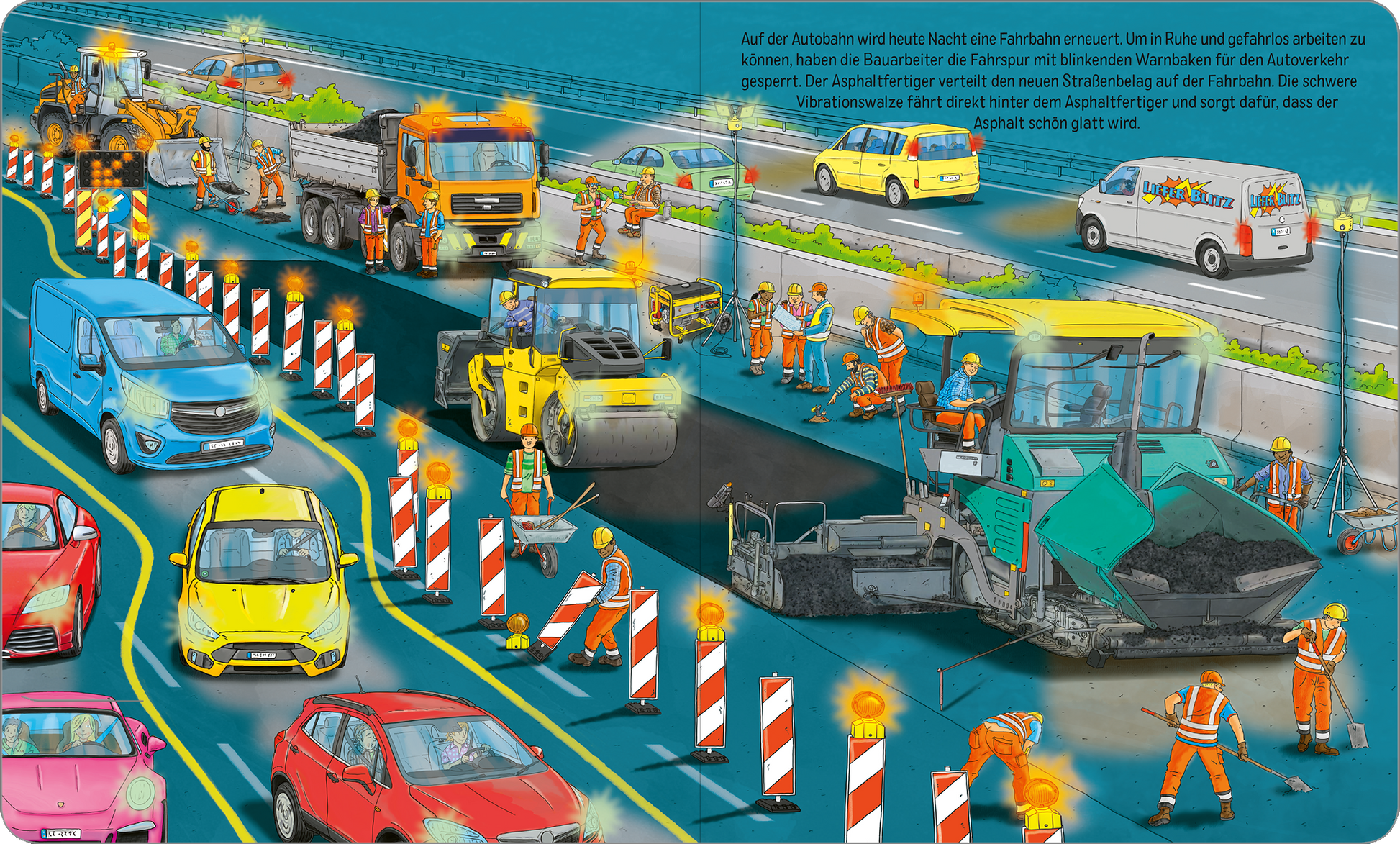 Gezeigt wird eine Innen- oder Zusatzansicht von „Auf der Baustelle“. Die Illustration zeigt eine belebte Baustelle auf einer Autobahn mit Straßenbauarbeiten. Arbeiter in orangefarbenen Sicherheitswesten sind aktiv, während schwere Maschinen wie ein asphaltierter Lkw und ein Gelenkbagger im Einsatz sind. Bunte Fahrzeuge in verschiedenen Farben, darunter gelb und rot, stehen auf der Straße. Warnschilder mit rot-weißen Streifen und blinkende Lichter fügen sich harmonisch in die Szene ein...