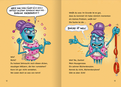 Gezeigt wird eine Innen- oder Zusatzansicht von „Lesen NERVT! – Bloß keine Bücher!“. Die Doppelseite zeigt zweimal die Figur Karoline Kneberwecht vor einem gelben Hintergrund. Die Figur hat lila Haare, trägt ein pinkes Kleid und hat vier Arme. Auf der rechten Seite hat sie eine rote Hundeleine in der Hand. Zudem sind jeweils Sprechblasen auf der Seite verteilt.