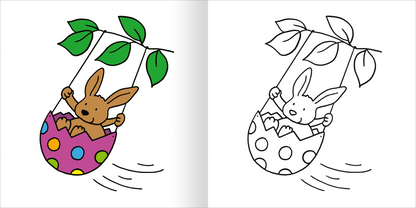 Gezeigt wird eine Innen- oder Zusatzansicht von „Mein erstes dickes Malbuch ab 2 – Ostern“. Links sieht man einen bunten Osterhasen, der in einem lila Ei mit bunten Punkten schwingt. Die Farben sind lebhaft und fröhlich, einschließlich Grün für die Blätter. Rechts ist das gleiche Motiv in Schwarz-Weiß dargestellt, wodurch die Konturen klar hervortreten. Die einfache, kindgerechte Typografie und die verspielten Elemente laden zum kreativen Ausmalen ein.