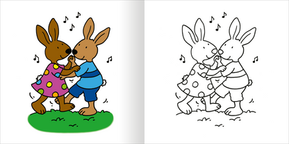 Gezeigt wird eine Innen- oder Zusatzansicht von „Mein erstes dickes Malbuch ab 2 – Ostern“. Die Seite zeigt zwei niedliche Hasen, die sich küssen, umgeben von musikalischen Noten. Der linke Hase trägt ein lila Kleid mit bunten Punkten, während der rechte Hase in einem blauen Oberteil und kurzen Hosen abgebildet ist. Eine grüne Wiese bildet den Hintergrund, was die fröhliche Atmosphäre unterstreicht. Die Schrift ist klar und kindgerecht gestaltet.