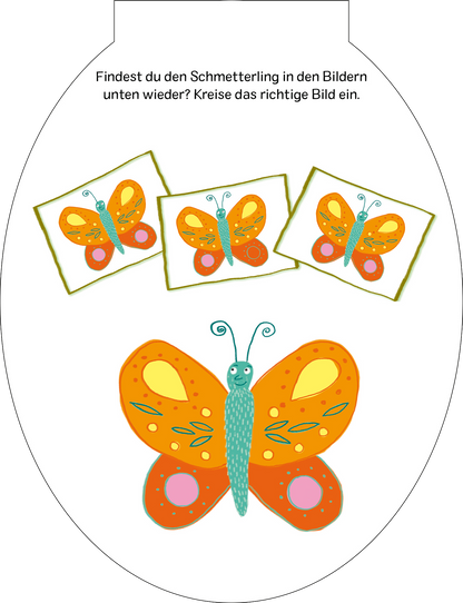 Gezeigt wird eine Innen- oder Zusatzansicht von „Große Oster-Rätselei“. In der Abbildung ist ein großer, bunter Schmetterling zu sehen, der orangefarbene Flügel mit gelben und pinken Akzenten hat. Unterhalb des Schmetterlings befinden sich drei kleinere Bilder, die ebenfalls einen Schmetterling zeigen. Die Farben sind lebhaft und fröhlich, mit klaren, einfachen Linien und einer einladenden Typografie, die das Rätseln ansprechend gestaltet.