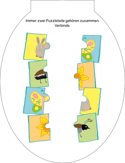 Gezeigt wird eine Innen- oder Zusatzansicht von „Große Oster-Rätselei“. Auf einem ovalen Hintergrund sind bunte Puzzle-Teile in sanften Farben dargestellt, darunter Tiermotive wie ein Hase und ein Vogel sowie florale Elemente. Die klaren, fröhlichen Illustrationen sind in lebhaften Gelb-, Blau- und Grüntönen gehalten. Oberhalb der Puzzlestücke steht der einladende Text „Immer zwei Puzzleteile gehören zusammen. Verbinde.“ in einer gut lesbaren, spielerischen Schriftart.