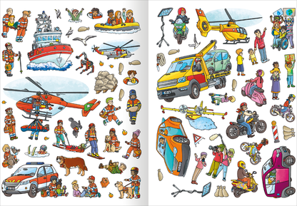 Gezeigt wird eine Innen- oder Zusatzansicht von „Erstes Stickern Metallic – Im Einsatz“. Die Illustration zeigt lebendige Szenen mit Einsatzfahrzeugen wie einem Hubschrauber, einem Rettungsboot und verschiedenen Fahrzeugen. Viele Menschen in Einsatzkleidung, darunter Feuerwehrleute und Polizisten, sind in verschiedenen Aktivitäten dargestellt. Die Farben sind kräftig und ansprechend, mit einem klaren, freundlichen Stil. Die Typografie ist auffällig, jedoch minimal gehalten.