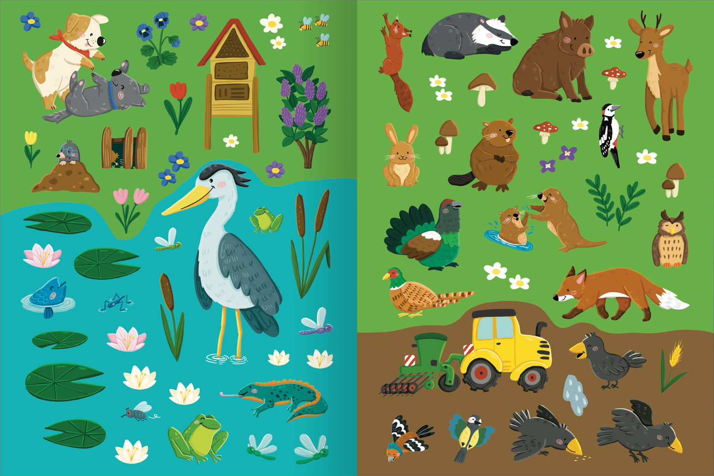 Gezeigt wird eine Innen- oder Zusatzansicht von „Mitmach-Stickerbuch – Henni, die kleine Henne“. Die Illustration zeigt eine bunte Landschaft mit einer Vielzahl von Tieren und Pflanzen. Auf der linken Seite befinden sich eine Henne, Blumen und Gemüsepflanzen in lebendigen Farben wie Grün, Gelb und Rot. Rechts sind Tiere wie eine Kuh, Ziegen und ein Pferd abgebildet, umgeben von bunten Motiven. Der Hintergrund ist in sanften Grüntönen gehalten, während die Typografie fröhlich und...