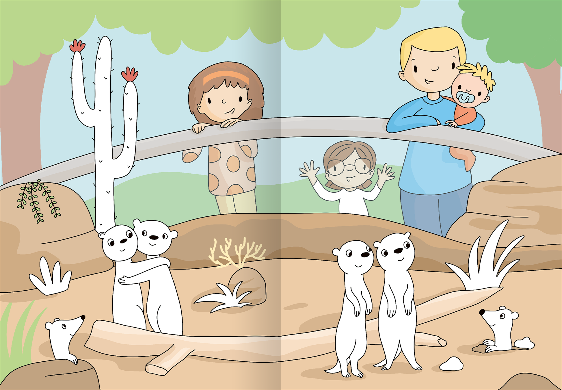 Gezeigt wird eine Innen- oder Zusatzansicht von „Mein großes buntes Malbuch – Zoo“. Die Illustration zeigt eine Tierpark-Szene mit zwei Erdmännchen, die auf einer Holzstange sitzen. Im Hintergrund sind Felsen und Pflanzen in sanften Erdtönen dargestellt. Zwei Kinder, ein Junge und ein Mädchen, beobachten die Tiere freudig hinter einem Zaun, während ein dritter Junge mit einem Baby auf dem Arm lächelt. Die Farben sind lebhaft, mit einem Fokus auf warmen Erdtönen und fröhlichen,...
