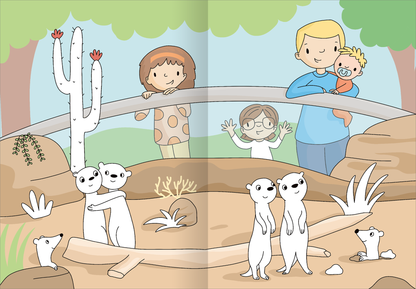 Gezeigt wird eine Innen- oder Zusatzansicht von „Mein großes buntes Malbuch – Zoo“. Die Illustration zeigt eine Tierpark-Szene mit zwei Erdmännchen, die auf einer Holzstange sitzen. Im Hintergrund sind Felsen und Pflanzen in sanften Erdtönen dargestellt. Zwei Kinder, ein Junge und ein Mädchen, beobachten die Tiere freudig hinter einem Zaun, während ein dritter Junge mit einem Baby auf dem Arm lächelt. Die Farben sind lebhaft, mit einem Fokus auf warmen Erdtönen und fröhlichen,...