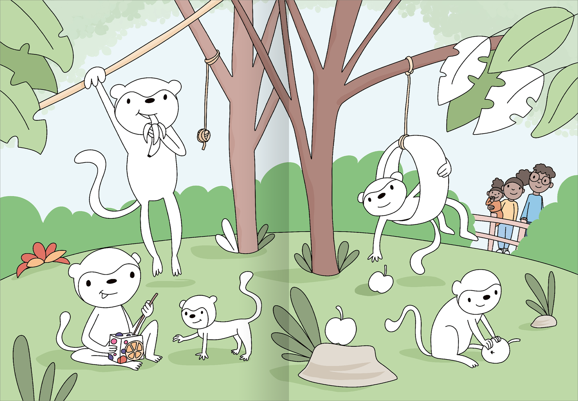 Gezeigt wird eine Innen- oder Zusatzansicht von „Mein großes buntes Malbuch – Zoo“. Die Szene zeigt eine Gruppe verspielter, weißer Affen in einem grünen Umfeld, umgeben von Bäumen und Pflanzen. Einige Affen hängen an Ästen, während andere auf dem Boden sitzen und spielen. Die Farben sind hell und einladend, mit verschiedenen Grüntönen und einem sanften Himmel. Die Typografie ist kindgerecht und fröhlich, was zur insgesamt spielerischen Atmosphäre beiträgt.