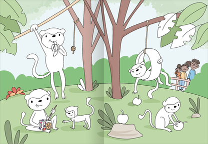 Gezeigt wird eine Innen- oder Zusatzansicht von „Mein großes buntes Malbuch – Zoo“. Die Szene zeigt eine Gruppe verspielter, weißer Affen in einem grünen Umfeld, umgeben von Bäumen und Pflanzen. Einige Affen hängen an Ästen, während andere auf dem Boden sitzen und spielen. Die Farben sind hell und einladend, mit verschiedenen Grüntönen und einem sanften Himmel. Die Typografie ist kindgerecht und fröhlich, was zur insgesamt spielerischen Atmosphäre beiträgt.