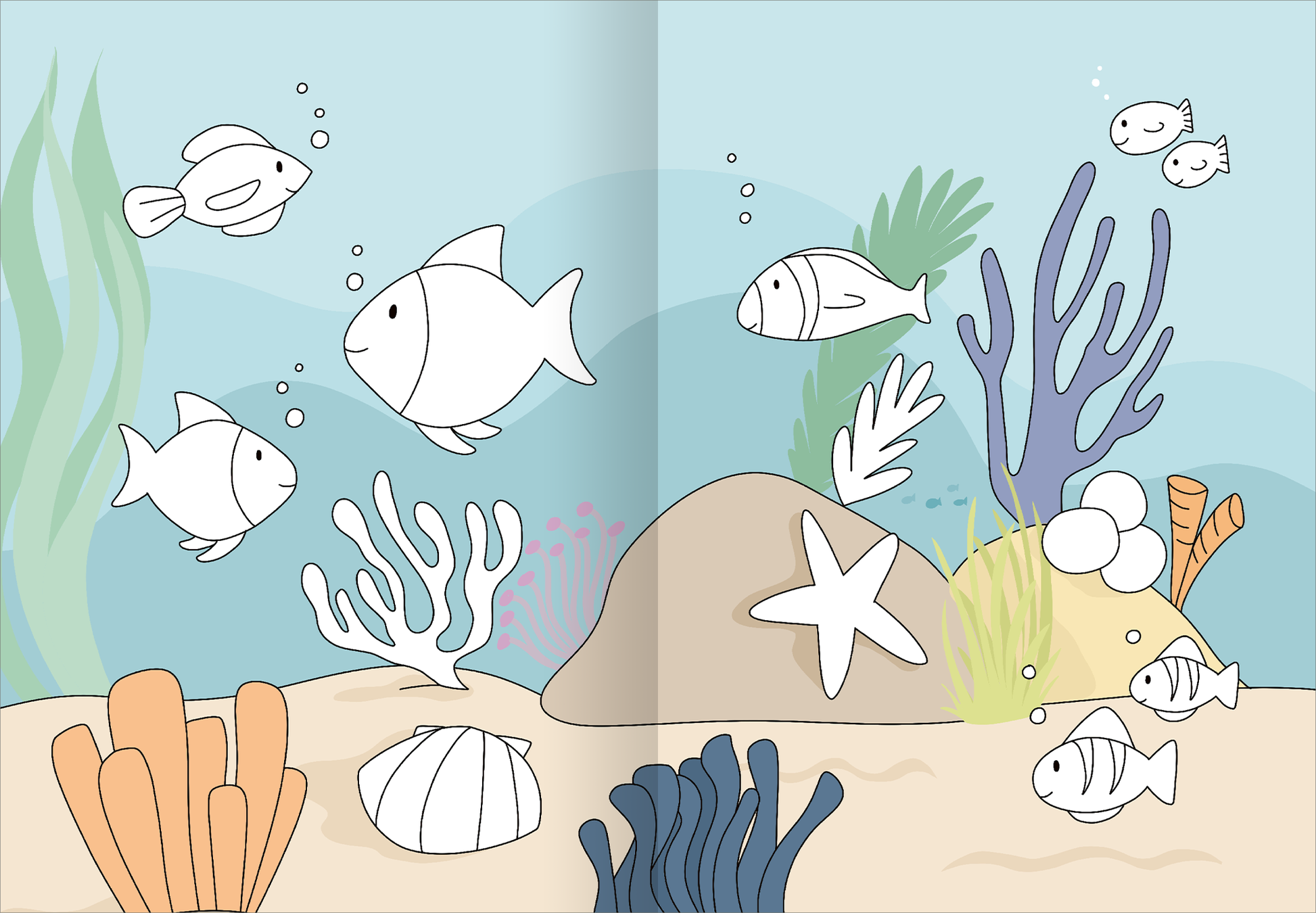 Gezeigt wird eine Innen- oder Zusatzansicht von „Mein großes buntes Malbuch – Zoo“. Die Illustration zeigt eine Unterwasserlandschaft mit verschiedenen Fischen in sanften Farben wie Hellblau und Beige. Korallen und Wasserpflanzen in lebendigen Grüntönen und Orange umrahmen die Szene. Die Fische sind in klaren, einfachen Linien gezeichnet und laden zum Ausmalen ein. Die Hintergrundgestaltung ist harmonisch und sorgt für eine freundliche Atmosphäre.