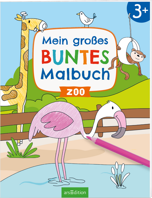 Das Cover zeigt eine fröhliche Zoo-Szene mit einem rosa Flamingo, der am Wasser steht, und einer bunten Giraffe im Hintergrund. Oben ist der Titel „Mein großes BUNTES Malbuch ZOO“ in kräftigen Farben wie Rot, Grün, Blau und Gelb gestaltet, um die Auffälligkeit zu betonen. Ein verspielter Affe hängt am oberen Rand, während zwei Vögel darüber fliegen. Ganz unten mittig steht der Logoschriftzug von arsEdition.