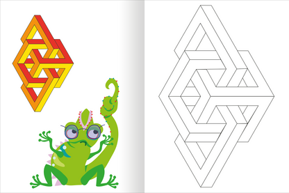 Gezeigt wird eine Innen- oder Zusatzansicht von „Optische Illusionen – Malbuch“. Auf der linken Seite ist eine bunte Grafik eines grünen Chamäleons mit großen Brillen und farbenfrohen Details zu sehen. Daneben, auf der rechten Seite, befindet sich eine schwarz-weiße Linienzeichnung eines geometrischen Musters in Form einer optischen Illusion. Die klare, sans-serif Typografie sorgt für eine moderne Anmutung des Layouts.