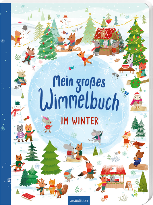 Das Cover zeigt eine winterliche Szene mit zahlreichen tierischen Charakteren in festlicher Umgebung. Bäume, festlich geschmückt, umgeben eine kleine Hütte mit roten Dächern. Der Himmel ist hellblau mit schneeflockenartigen Mustern. Der Titel „Mein großes Wimmelbuch“ ist in lockerer, blauer Schrift platziert, während „IM WINTER“ in roter Schrift darunter steht. Die Stimmung ist fröhlich und einladend. Ganz unten mittig steht der Logoschriftzug von arsEdition.