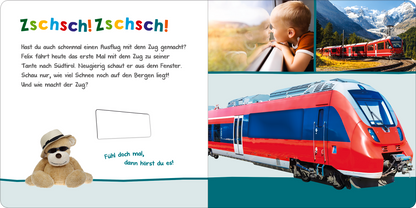 Gezeigt wird eine Innen- oder Zusatzansicht von „Hör mal rein, wer kann das sein? – Unterwegs“. Die Seite ist hell und freundlich gestaltet, mit großen, bunten Schriftzügen wie „Zschsch! Zschsch!“ in leuchtendem Rot und Gelb. Auf der linken Seite sind Bildschriften in handschriftlicher Typografie zu finden, zusammen mit einem niedlichen Teddybären, der einen Sonnenhut trägt. Die rechte Seite zeigt eine detailreiche Abbildung eines roten Zuges sowie eine Berglandschaft, die...