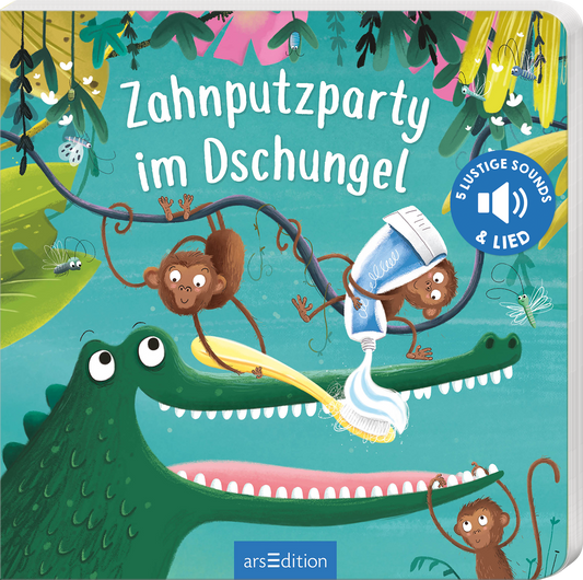 Auf dem bunten Cover „Zahnputzparty im Dschungel“ sind lebendige, spielende Affen und ein freundlicher Krokodilkopf dargestellt. Die Affen halten eine Zahnbürste und eine Tube Zahnpasta, während der Hintergrund in frischen Grüntönen mit verschiedenen Pflanzen gestaltet ist. Der Titel ist in weißen, verspielten Buchstaben auf hellblauem Grund geschrieben. Oben rechts befindet sich ein blauer Button mit dem Text „5 lustige Sounds &amp; Lied“. Ganz unten mittig steht der...