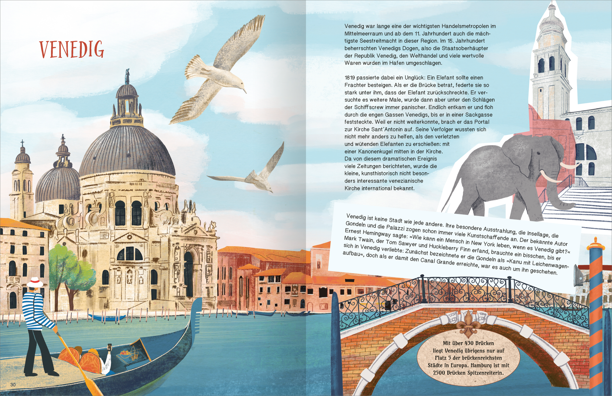 Gezeigt wird eine Innen- oder Zusatzansicht von „Italien“. Die Illustration zeigt die Erkennungsmerkmale Venedigs, darunter prächtige Gebäude mit Kuppeln in sanften Blau- und Grautönen. Der Himmel ist hellblau mit fliegenden Möwen. Eine Gondel mit einem Steuermann paddelt über das Wasser. Ein Elefant steht im Vordergrund, umgeben von bunten Brücken und Pflanzen. Die Typografie „VENEDIG“ ist in auffälligem Rot gehalten, was dem Bild einen lebendigen Kontrast verleiht.