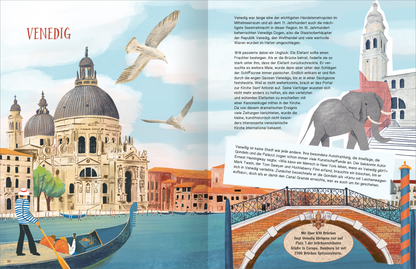Gezeigt wird eine Innen- oder Zusatzansicht von „Italien“. Die Illustration zeigt die Erkennungsmerkmale Venedigs, darunter prächtige Gebäude mit Kuppeln in sanften Blau- und Grautönen. Der Himmel ist hellblau mit fliegenden Möwen. Eine Gondel mit einem Steuermann paddelt über das Wasser. Ein Elefant steht im Vordergrund, umgeben von bunten Brücken und Pflanzen. Die Typografie „VENEDIG“ ist in auffälligem Rot gehalten, was dem Bild einen lebendigen Kontrast verleiht.