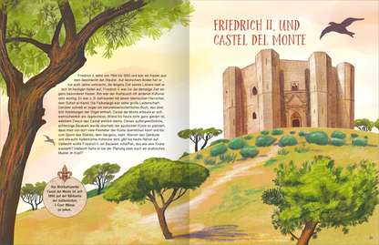 Gezeigt wird eine Innen- oder Zusatzansicht von „Italien“. Im Bild sind eine sanfte Hügel-Landschaft mit grünen Bäumen und Sträuchern zu sehen. Im Hintergrund erhebt sich das imposante Castel del Monte, das in warmen Brauntönen gehalten ist. Der Titel „FRIEDRICH II. UND CASTEL DEL MONTE“ ist in auffälligem, rot-orangefarbenem Schriftzug platziert. Links befindet sich ein erläuternder Text, der in klarer, gut leserlicher Schrift verfasst ist. Ein stilisiertes Symbol ergänzt die...