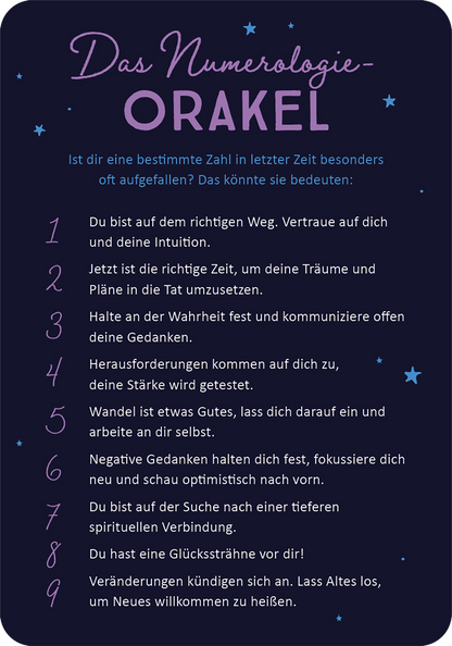 Gezeigt wird eine Innen- oder Zusatzansicht von „Magischer Advent“. Der Hintergrund ist in einem tiefen Violettton gehalten, auf dem leuchtende weiße Sterne verteilt sind. Der Titel „Das Numerologie-Orakel“ ist in großer, auffälliger, weißer Typografie oben platziert. Darunter folgen nummerierte Absätze in heller Schrift, die verschiedene Botschaften enthalten. Die einzelnen Punkte sind in einer klaren, gut lesbaren Schrift gestaltet, und die gesamte Komposition wirkt harmonisch...
