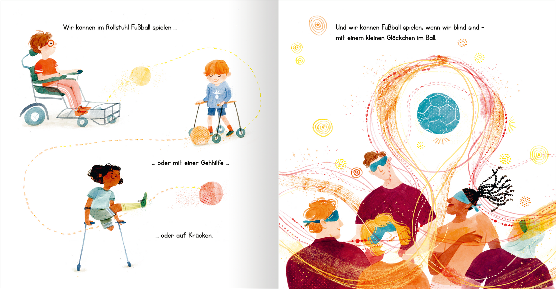 Gezeigt wird eine Innen- oder Zusatzansicht von „Fußball – Alle spielen mit“. Auf der linken Seite sind drei Kinder in verschiedenen Spielsituationen dargestellt: eines im Rollstuhl, eines mit einer Gehhilfe und eines auf Krücken. Farbige, verspielte Illustrationen in warmen Tönen und lebendigen Pastellfarben umrahmen die Szenen. Auf der rechten Seite zeigen weitere Kinder in einer Gruppe, teils fröhlich miteinander interagierend, umgeben von dynamischen Linien und einem Fußball in...
