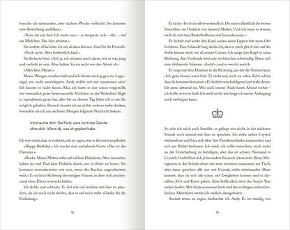 Gezeigt wird eine Innenansicht von „My Hot British Boyfriend“. Die Seiten zeigen eine klare, gut lesbare Schriftart in Schwarz auf weißem Hintergrund. Die Textblöcke sind gleichmäßig strukturiert und bieten ausreichende Zeilenabstände. Dezente grafische Elemente, darunter eine Krone, fügen sich harmonisch in das Layout ein. Der Text vermittelt eine lebendige Unterhaltung zwischen den Charakteren und ist in einem ansprechenden, modernen Stil gestaltet.