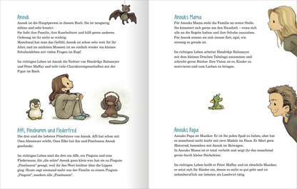 Gezeigt wird eine Innen- oder Zusatzansicht von „Anouk und das Geheimnis der Weihnachtszeit“. Die Seite zeigt verschiedene Hauptcharaktere, darunter Anouk, umgeben von zwei Kuscheltieren, einem Plüschaffen und einem Pinguin.  Die Illustrationen sind freundlich mit sanften Pastelltönen. Die Typografie ist klar und gut lesbar, wobei die Namen der Charaktere deutlich hervorgehoben sind.