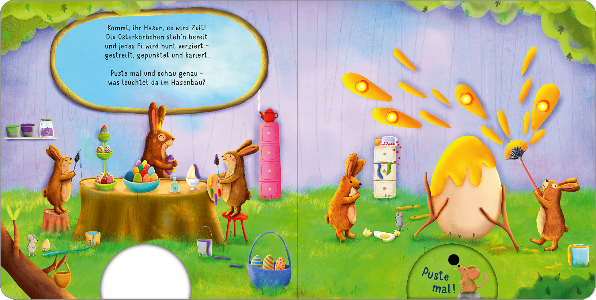 Gezeigt wird eine Innen- oder Zusatzansicht von „Mein liebstes Pustebuch – Hallo Frühling!“. Die Seite zeigt eine fröhliche Frühlingsszene mit bunten Farben, darunter zartes Blau und lebhaftes Grün. Zwei niedliche Hasen stehen an einem Tisch mit bemalten Eiern und Bastelmaterialien. Über ihnen schwebt ein großer, gelb gefärbter Eier-Suchender, umgeben von bunten Farbtupfern. Die freundliche, verspielte Schriftart in einem großen, runden Format verstärkt den fröhlichen Eindruck...