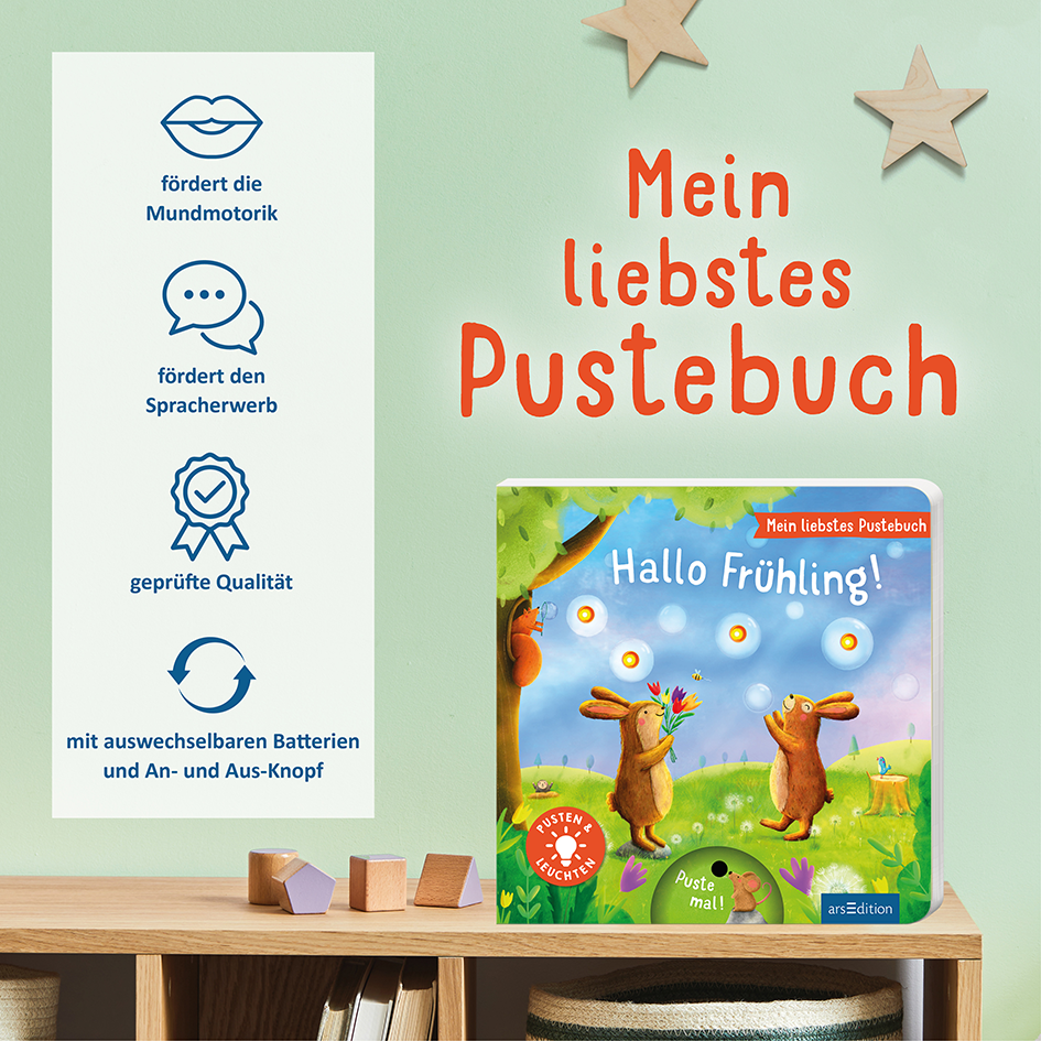 Gezeigt wird eine Innen- oder Zusatzansicht von „Mein liebstes Pustebuch – Hallo Frühling!“. Das Cover zeigt eine fröhliche Frühlingsszene mit einem hellen, blauen Himmel und bunten, spielenden Tieren, die in lebhaften Farben gestaltet sind. Der Titel „Hallo Frühling!“ ist in auffälligem, rotem Schriftzug präsentiert. Auf der linken Seite befinden sich ikonische Symbole, die die Förderung der Mundmotorik und des Sprachverhaltens darstellen, umrahmt von einem sanften,...