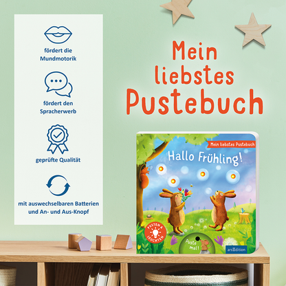 Gezeigt wird eine Innen- oder Zusatzansicht von „Mein liebstes Pustebuch – Hallo Frühling!“. Das Cover zeigt eine fröhliche Frühlingsszene mit einem hellen, blauen Himmel und bunten, spielenden Tieren, die in lebhaften Farben gestaltet sind. Der Titel „Hallo Frühling!“ ist in auffälligem, rotem Schriftzug präsentiert. Auf der linken Seite befinden sich ikonische Symbole, die die Förderung der Mundmotorik und des Sprachverhaltens darstellen, umrahmt von einem sanften,...