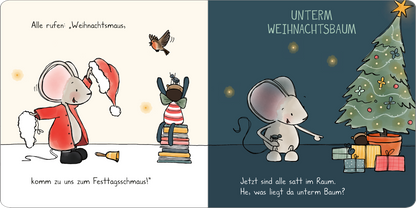 Gezeigt wird eine Innen- oder Zusatzansicht von „Weihnachten mit Maus“. Links sieht man die Maus in einem roten Weihnachtsmannkostüm mit einer roten Mütze, umgeben von fröhlichen Tieren, die einen Festtagszauber ausstrahlen. Rechts ist eine festlich dekorierte Weihnachtsecke mit einem Tannenbaum, unter dem Geschenke liegen. Die Farben sind warm und einladend, dominierend sind Rot- und Grüntöne. Die Schrift ist kindgerecht und gut lesbar, mit einer verspielten Typografie.