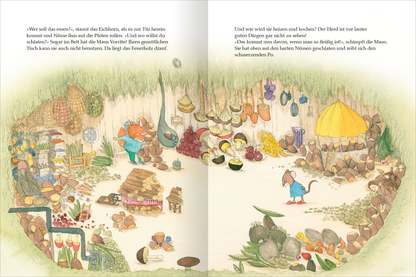 Gezeigt wird eine Innen- oder Zusatzansicht von „Ein Jahr mit Maus und Eichhorn“. Die Illustration zeigt eine lebhafte, rustikale Küche mit bunten Lebensmitteln wie Gemüse, Obst und Töpfen, die auf dem Boden verteilt sind. Im Mittelpunkt stehen die Figuren Maus und Eichhorn, umgeben von einer warmen, einladenden Atmosphäre. Die Farben sind sanft und harmonisch, ergänzt durch eine kindgerechte, verspielte Typografie, die den Text in verschiedenen Größen und Stilen präsentiert.
