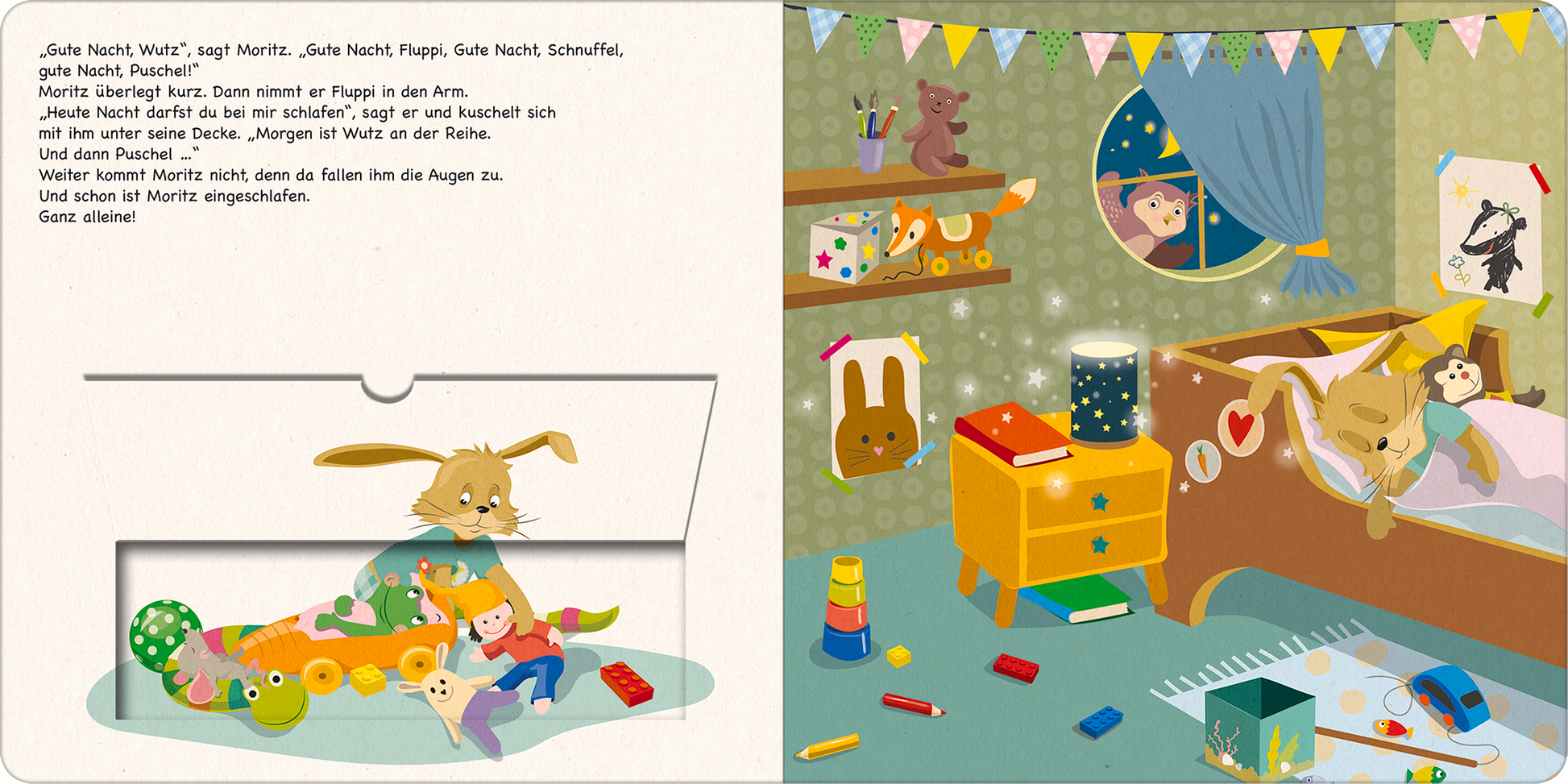 Gezeigt wird eine Innen- oder Zusatzansicht von „Moritz Moppelpo schläft alleine ein“. Die Illustration zeigt das behagliche Schlafzimmer von Moritz, mit sanften Farben wie Pastellgrün und Gelb. Auf einem bunten Teppich liegen Spielzeugautos und andere Spielsachen. An der Wand hängen fröhliche Wimpel und Bilder. Moritz, ein niedlicher Hase, kuschelt sich in sein Bett, während eine freundliche Atmosphäre mit einem großen Fenster und Mondlicht erzeugt wird. Die Schrift ist klar und...