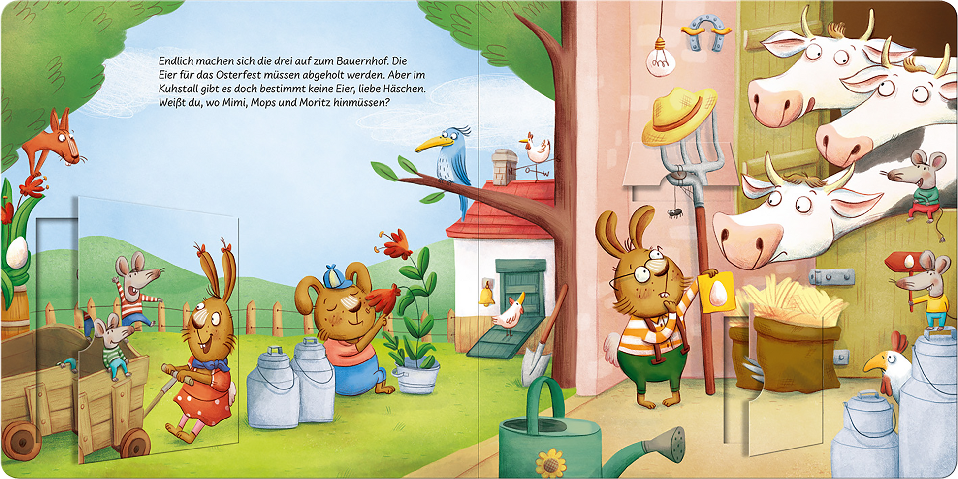 Gezeigt wird eine Innen- oder Zusatzansicht von „Was für ein Osterschlamassel!“. Die Illustration zeigt eine ländliche Szene mit einem Bauernhof, in sanften Farben gehalten, vor allem Grünschattierungen und Erdtöne. Im Vordergrund stehen zwei freundliche Hasen, die miteinander interagieren. Um sie herum gibt es Milchkannen, Gartengeräte und verschiedene Tiere, wie Kühe und Vögel. Die Schrift ist kindgerecht und klar leserlich, was zur fröhlichen Atmosphäre beiträgt.