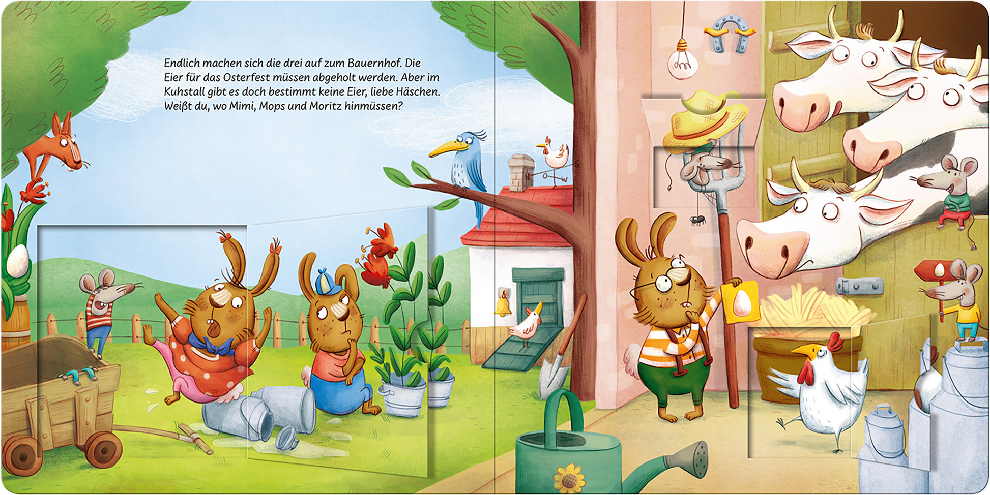 Gezeigt wird eine Innen- oder Zusatzansicht von „Was für ein Osterschlamassel!“. Die bunten Illustrationen zeigen fröhliche Tiere, darunter Hasen und Kühe, die in einem ländlichen Ambiente arbeiten. Dominierende Farben sind sanfte Pastelltöne wie Grün, Blau und Rosa. Der Text ist in klarer, verspielter Schriftart gehalten. Detailreiche Elemente wie ein Garten mit Werkzeug und eine Hühnergruppe schaffen eine lebendige, einladende Atmosphäre.