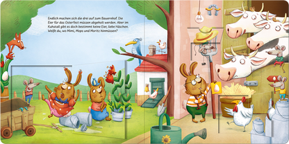 Gezeigt wird eine Innen- oder Zusatzansicht von „Was für ein Osterschlamassel!“. Die bunten Illustrationen zeigen fröhliche Tiere, darunter Hasen und Kühe, die in einem ländlichen Ambiente arbeiten. Dominierende Farben sind sanfte Pastelltöne wie Grün, Blau und Rosa. Der Text ist in klarer, verspielter Schriftart gehalten. Detailreiche Elemente wie ein Garten mit Werkzeug und eine Hühnergruppe schaffen eine lebendige, einladende Atmosphäre.