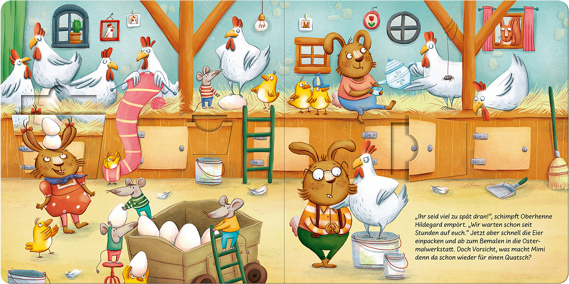 Gezeigt wird eine Innen- oder Zusatzansicht von „Was für ein Osterschlamassel!“. Die Illustration zeigt eine lebhafte Szene in einem Bauernhof mit Hühnern, einem Hasen und Mäusen, die umherwuseln. Dominierende Farben sind sanfte Pastelltöne in Gelb, Braun und Grün. Die Typografie ist verspielt und kindgerecht, mit großen, klaren Buchstaben. Über den Charakteren schwebt eine fröhliche und chaotische Atmosphäre, die die Aufregung vor Ostern einfängt.