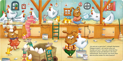 Gezeigt wird eine Innen- oder Zusatzansicht von „Was für ein Osterschlamassel!“. Die Illustration zeigt eine lebhafte Szene in einem Bauernhof mit Hühnern, einem Hasen und Mäusen, die umherwuseln. Dominierende Farben sind sanfte Pastelltöne in Gelb, Braun und Grün. Die Typografie ist verspielt und kindgerecht, mit großen, klaren Buchstaben. Über den Charakteren schwebt eine fröhliche und chaotische Atmosphäre, die die Aufregung vor Ostern einfängt.