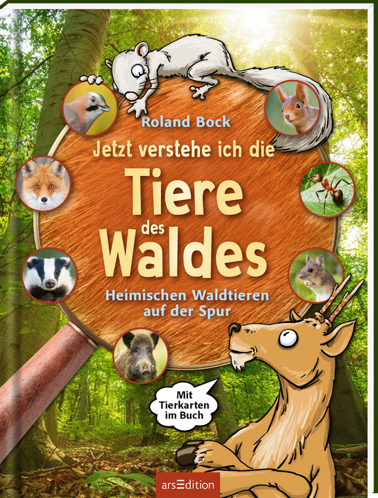 Das Buchcover zeigt eine große, braune Holztafel mit der Aufschrift „Jetzt verstehe ich die Tiere des Waldes“ in verspielter, gelber Typografie. Um die Tafel sind verschiedene Waldtiere, darunter ein Eichhörnchen und ein Reh, in bunten, stilisierten Illustrationen angeordnet. Im oberen Teil des Covers steht der Autor „Roland Bock“. Ein Hinweis „Mit Tierkarten im Buch“ ist ebenfalls sichtbar. Ganz unten mittig steht der Logoschriftzug von arsEdition.