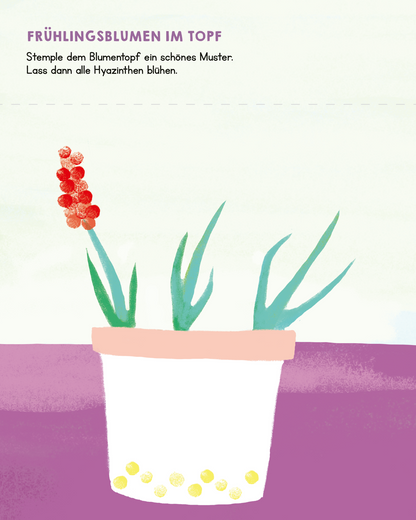 Gezeigt wird eine Innen- oder Zusatzansicht von „Meine allerersten Fingerstempel Meine Welt“. Die Illustration zeigt einen weißen Blumentopf mit gelben Punkten, gefüllt mit grünen Hyazinthenblättern und einer roten Blüte. Der Hintergrund ist in sanften Pastelltönen gehalten, wobei der untere Bereich in Lila und der obere in einem hellen Grün verläuft. Die Schrift ist klar und modern, hervorgehoben durch die Überschrift „FRÜHLINGSBLUMEN IM TOPF“, die in einer auffälligen...