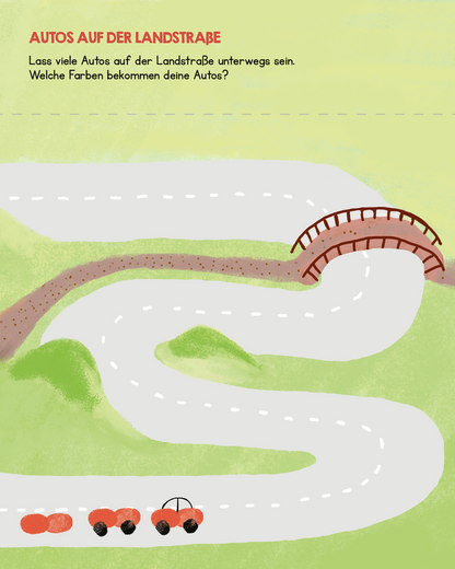 Gezeigt wird eine Innen- oder Zusatzansicht von „Meine allerersten Fingerstempel Meine Welt“. Auf der Seite ist eine kurvenreiche Landstraße zu sehen, die von sanften grünen Hügeln flankiert wird. Eine rotbraune Brücke überspannt die Straße. Unterhalb der Brücke sind zwei stilisierte rote Autos abgebildet. Der Titel „AUTOS AUF DER LANDSTRASSE“ steht oben in großer, bunter Schrift, während eine Anweisung zur Farbenwahl in schlichter, klarer Schrift unten platziert ist. Die...