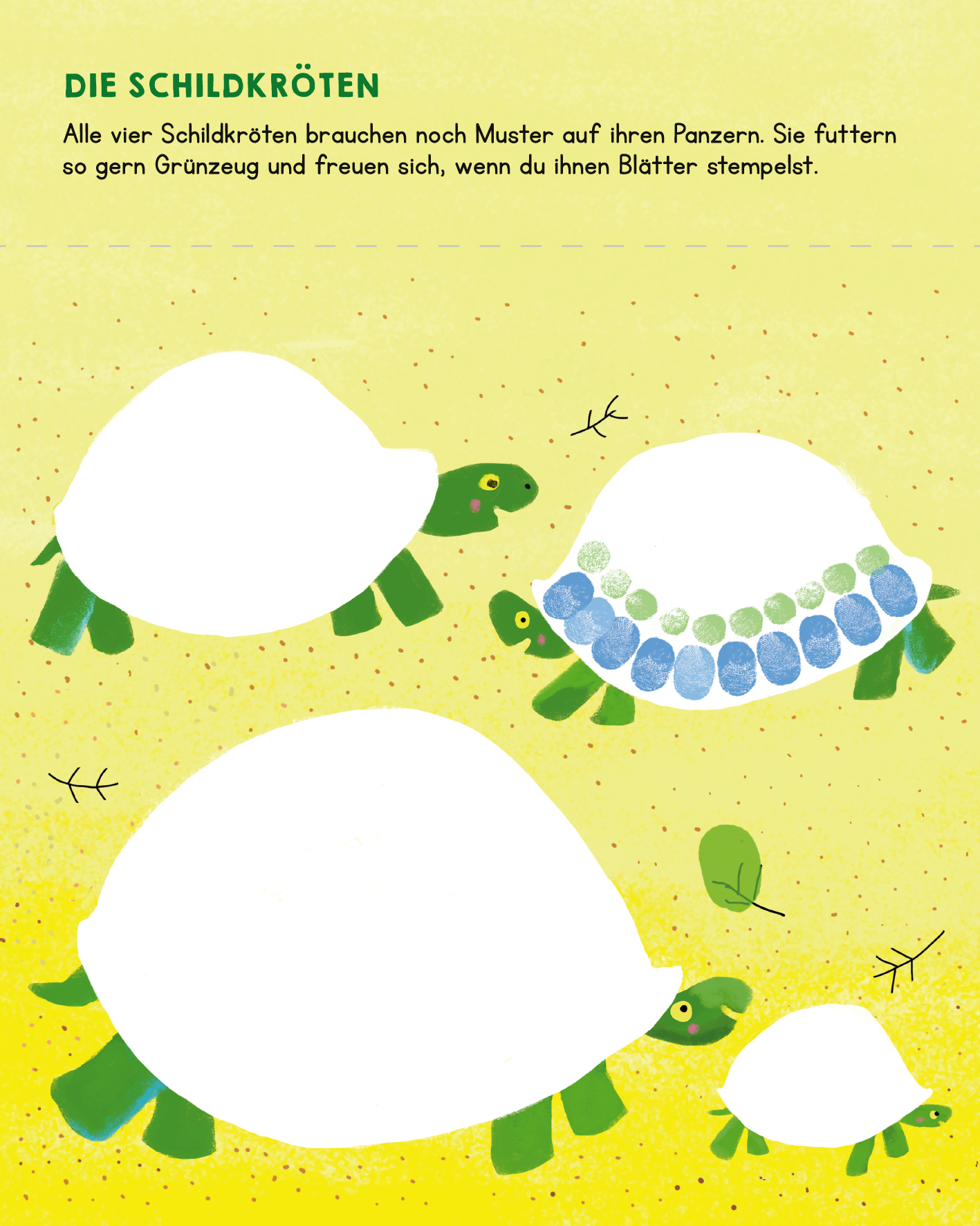 Gezeigt wird eine Innen- oder Zusatzansicht von „Meine allerersten Fingerstempel Tiere“. Die Seite zeigt vier cartoonartige Schildkröten auf einem gelben Hintergrund, der mit kleinen grünen und braunen Blättern dekoriert ist. Zwei Schildkröten sind grün und eine hat ein Muster aus blauen Punkten auf ihrem Panzer. Über den Bildern steht in grüner, verspielter Schrift „DIE SCHILDKRÖTEN“, gefolgt von einem erklärenden Text in schwarzer Typografie. Die Elemente sind freundlich und...