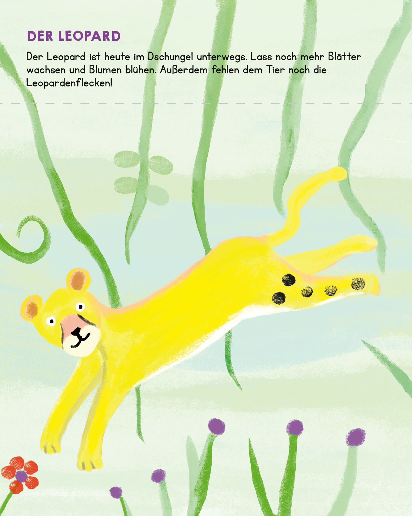 Gezeigt wird eine Innen- oder Zusatzansicht von „Meine allerersten Fingerstempel Tiere“. Die Seite zeigt einen fröhlichen, gelben Leopard, der durch einen Dschungel mit grünen Pflanzen und bunten Blumen springt. Darüber steht in klarer, großer Typografie „DER LEOPARD“. Der Text beschreibt, dass der Leopard im Dschungel unterwegs ist und noch Leopardendflecken fehlen. Die Farben sind hell und einladend, passend für Kinder.