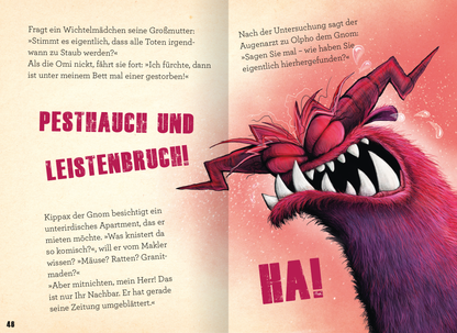 Gezeigt wird eine Innen- oder Zusatzansicht von „Verflucht witzig!“. Die Seite enthält zwei Absätze mit unterschiedlichen Textformatierungen. Links ist ein gruselig illustriertes Monster mit großen Zähnen und einer lila-roten Farbpalette, das aufregend wirkt. Rechts steht der Text in verschiedenen Schriftgrößen: „PESTAUCH UND LEISTENBRUCH!!“ in großen, auffälligen Buchstaben und „HA!“ in einer verspielten, markanten Schriftart. Der Hintergrund ist hell, was die lebendigen...