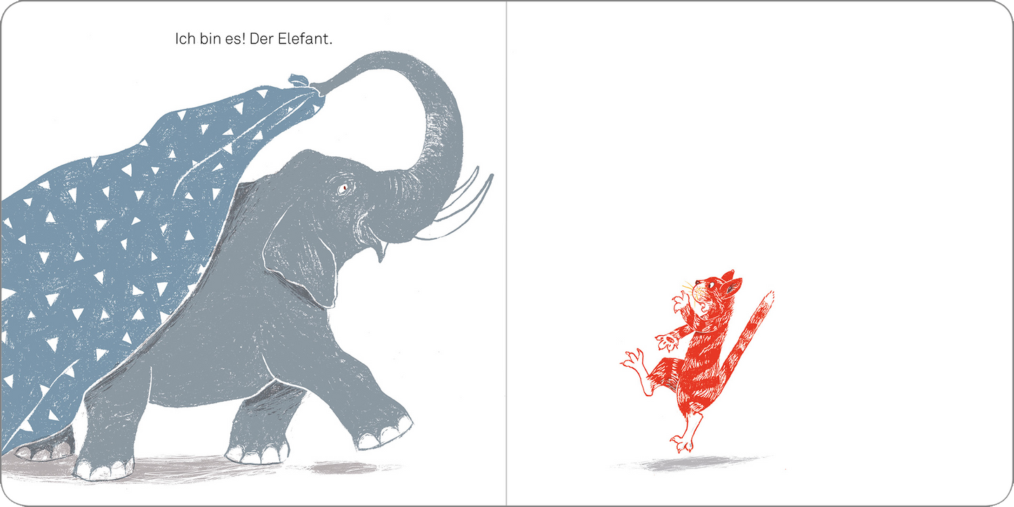 Gezeigt wird eine Innen- oder Zusatzansicht von „Unter Decken verstecken“. Auf der linken Seite ist ein grauer Elefant mit einem blauen, gemusterten Tuch zu sehen, das über seinen Kopf geworfen ist. Auf der rechten Seite springt ein rotes Tier mit gestreiftem Fell, das mit fröhlicher Pose dargestellt ist. Der Hintergrund ist schlicht und farblich neutral, wodurch die Farben der Figuren hervorgehoben werden. Die Schrift ist klar und gut lesbar.