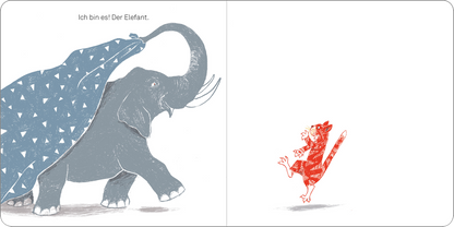 Gezeigt wird eine Innen- oder Zusatzansicht von „Unter Decken verstecken“. Auf der linken Seite ist ein grauer Elefant mit einem blauen, gemusterten Tuch zu sehen, das über seinen Kopf geworfen ist. Auf der rechten Seite springt ein rotes Tier mit gestreiftem Fell, das mit fröhlicher Pose dargestellt ist. Der Hintergrund ist schlicht und farblich neutral, wodurch die Farben der Figuren hervorgehoben werden. Die Schrift ist klar und gut lesbar.