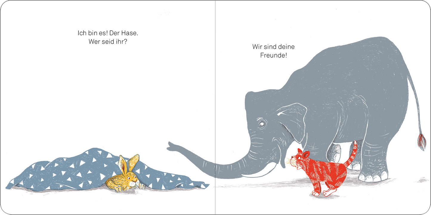 Gezeigt wird eine Innen- oder Zusatzansicht von „Unter Decken verstecken“. Auf der linken Seite liegt ein brauner Hase unter einer blauen Decke mit weißen Mustern. Auf der rechten Seite stehen ein grauer Elefant und ein rot-weiß gestreifter Kater, die freundlich miteinander interagieren. Die Hintergrundfarbe ist hell und neutral, während die Typografie klar und gut lesbar ist, mit hervorgehobenen Texten in freundlichen Farben, die die Charaktere einführen.