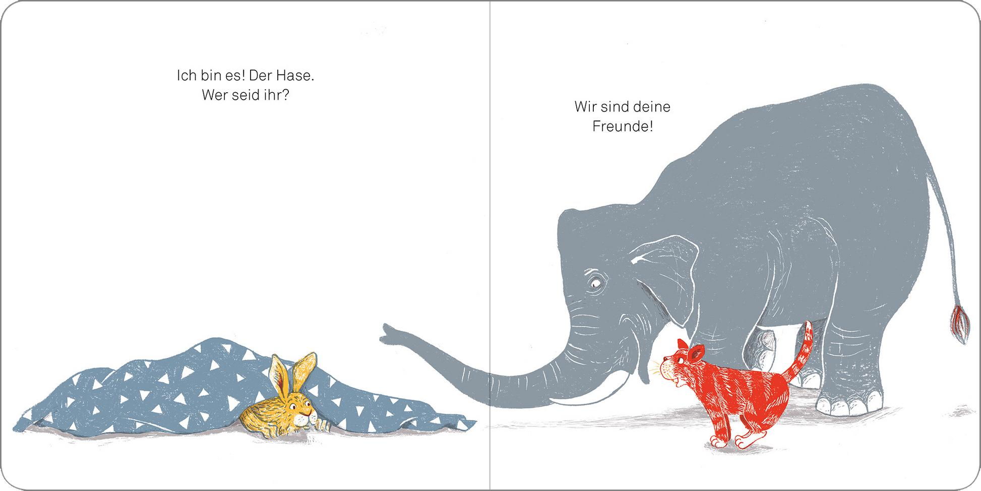 Gezeigt wird eine Innen- oder Zusatzansicht von „Unter Decken verstecken“. Auf der linken Seite liegt ein brauner Hase unter einer blauen Decke mit weißen Mustern. Auf der rechten Seite stehen ein grauer Elefant und ein rot-weiß gestreifter Kater, die freundlich miteinander interagieren. Die Hintergrundfarbe ist hell und neutral, während die Typografie klar und gut lesbar ist, mit hervorgehobenen Texten in freundlichen Farben, die die Charaktere einführen.