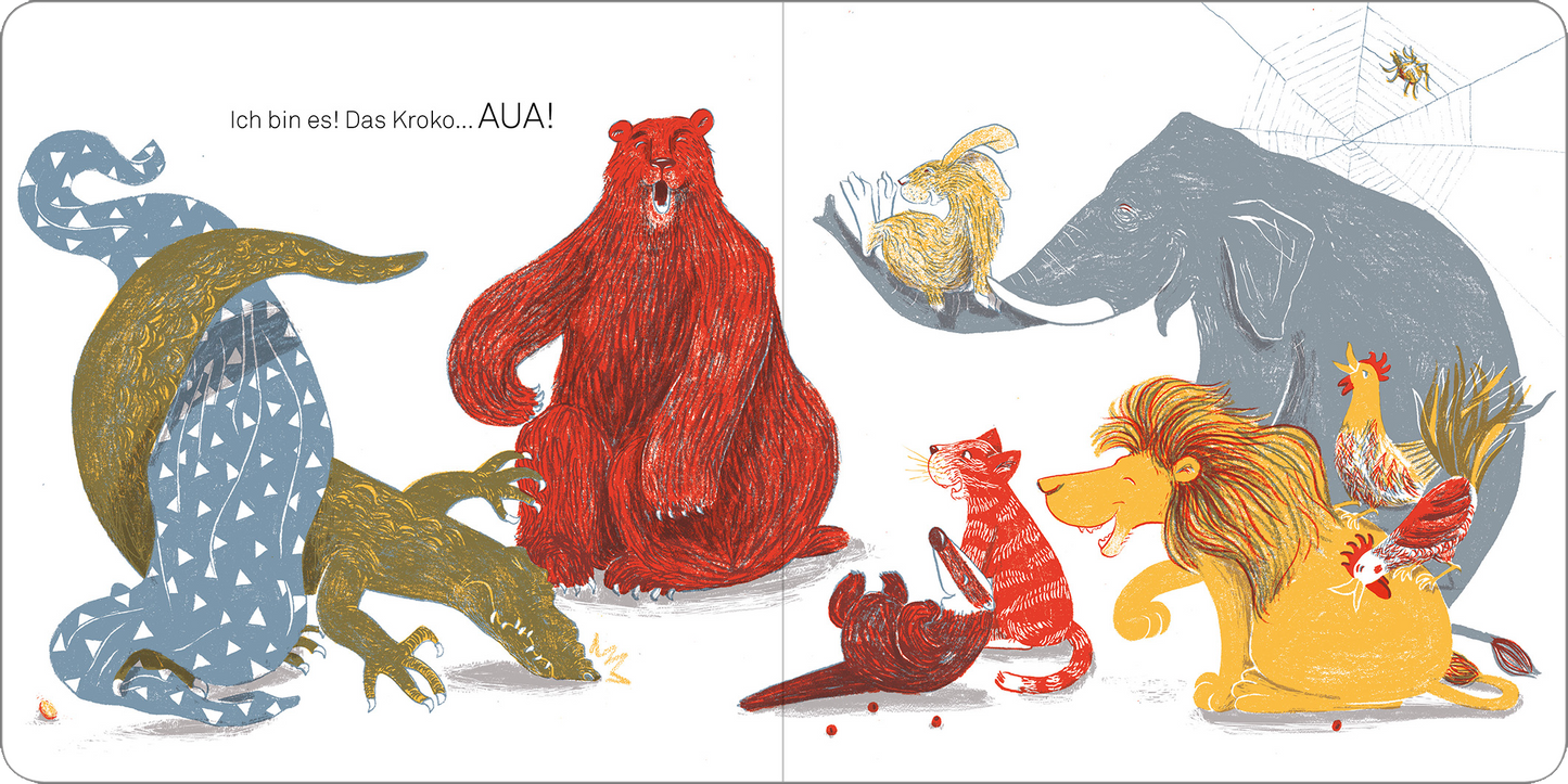 Gezeigt wird eine Innen- oder Zusatzansicht von „Unter Decken verstecken“. Die Illustration zeigt eine lebhafte Szene mit fünf Tierfiguren, darunter ein roter Bär, ein blauer Krokodil und ein gelber Löwe. Die Farben sind kräftig und freundlich, in warmen Rottönen, kühlen Blautönen und verschiedenen Tier-Mustern. Die Typografie ist verspielt und deutlich, mit dem Text „Ich bin es! Das Krokodil... AUA!“ in einer kinderfreundlichen Schriftart, die die fröhliche Atmosphäre der...