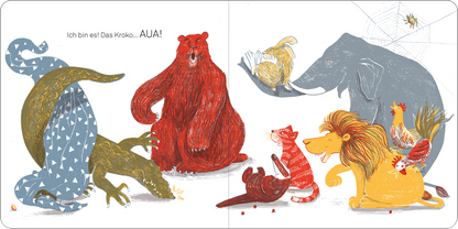 Gezeigt wird eine Innen- oder Zusatzansicht von „Unter Decken verstecken“. Die Illustration zeigt eine lebhafte Szene mit fünf Tierfiguren, darunter ein roter Bär, ein blauer Krokodil und ein gelber Löwe. Die Farben sind kräftig und freundlich, in warmen Rottönen, kühlen Blautönen und verschiedenen Tier-Mustern. Die Typografie ist verspielt und deutlich, mit dem Text „Ich bin es! Das Krokodil... AUA!“ in einer kinderfreundlichen Schriftart, die die fröhliche Atmosphäre der...