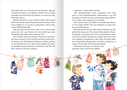 Gezeigt wird eine Innen- oder Zusatzansicht von „24 Adventsgeschichten aus dem Glockenhof“. Die Doppelseite zeigt eine lebendige Illustration mit drei Kindern, die um einen niedlichen Adventskalender stehen. Der Kalender ist bunten Beuteln mit Zahlen und festlichen Motiven versehen, die an einer Leine hängen. Auf der linken Seite ist ein Textblock in klarer, gut lesbarer Schrift, der in einer dunklen Farbe auf weißem Hintergrund gedruckt ist. Die allgemeine Farbpalette ist warm und...